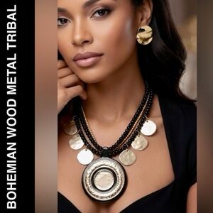 Boho Dble Strand Wood & Metal Necklace Hammered Coins Tribal Art Deco Style